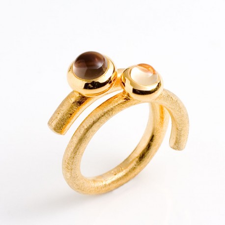 Ring, lollipop, 925 silver, gold-plated, smoky quartz, citrine