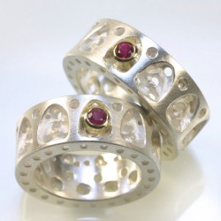  Wedding rings, 925- silver, 750- gold, Gothic ornament, rubies