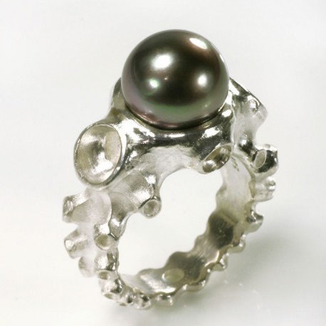  Octopus ring, 925 silver tahitian pearl