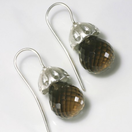 Earrings, 925 silver, pagodas, smoky quartz Earrings, 925 silver, pagodas, smoky quartz