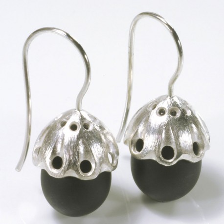  Earrings, 925 silver, pagodas, matt onyx