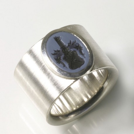  Wide signet ring, 925 silver, layered stone, engraving