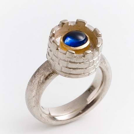Turmring, 925- Silber, 750- Gold, Saphir